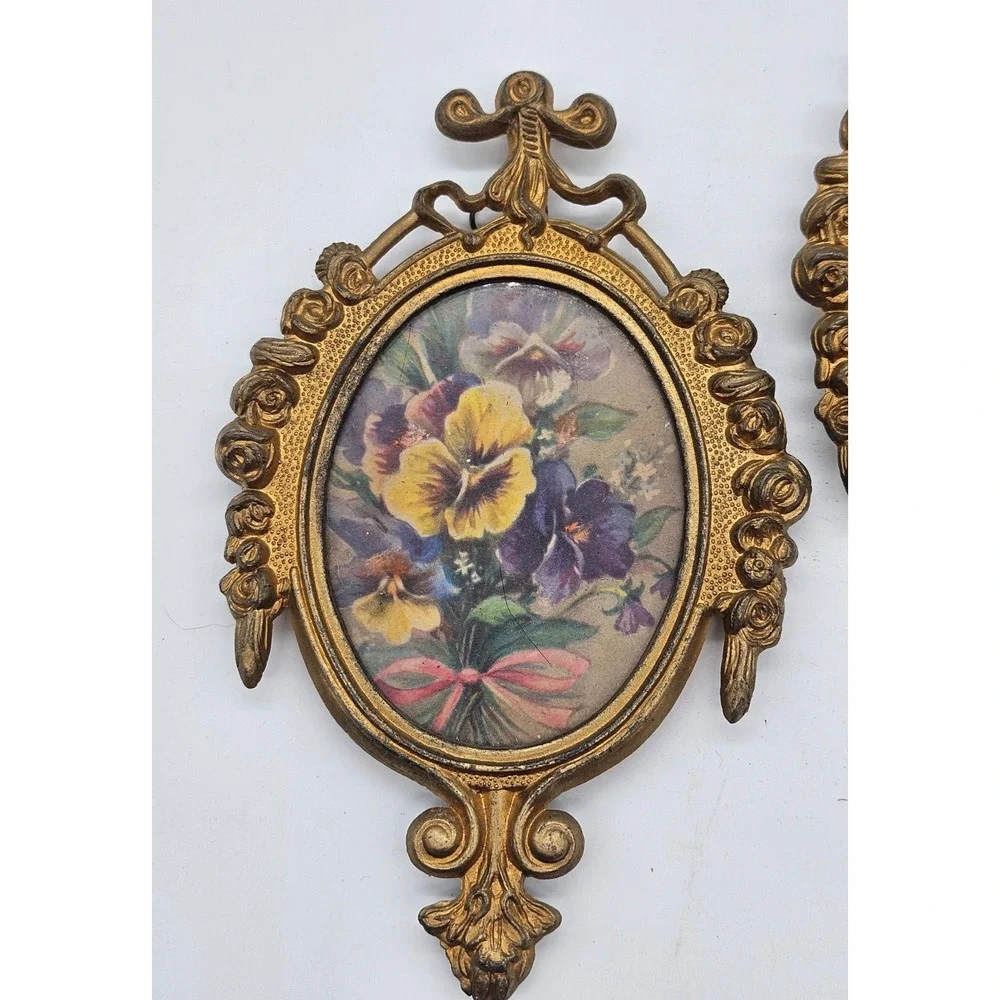 Vintage Ornate Gold Floral Wall Art Set of 2 Oval Frames Pansies Roses 6in